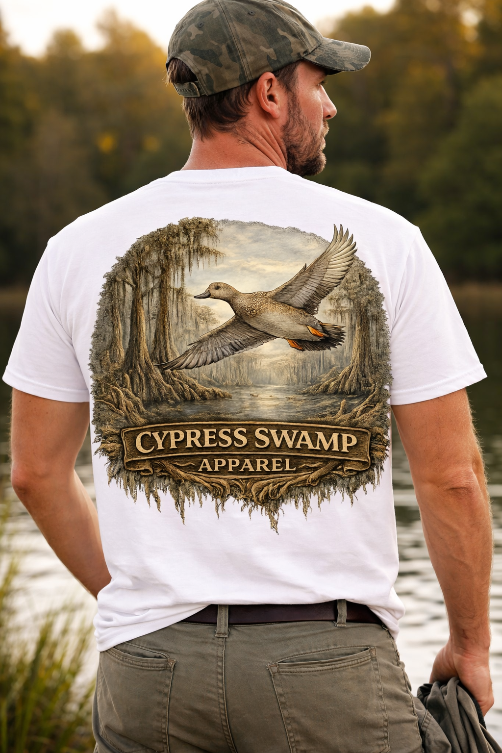 New Design Gadwall in flight over the swamp