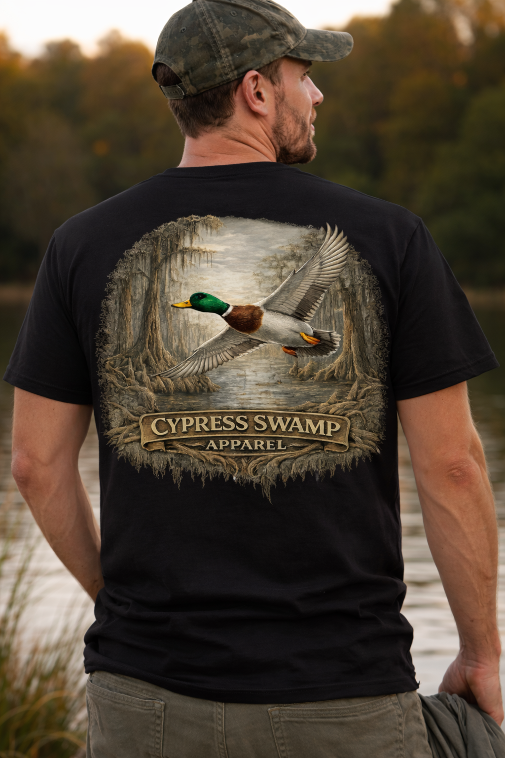 New Design Mallard in flight over the swamp