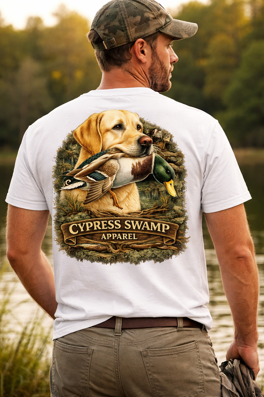 Yellow lab with duck