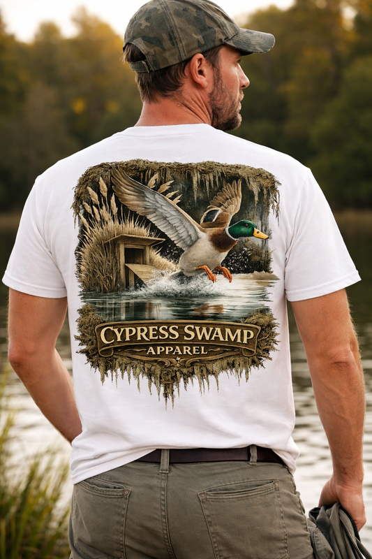 New Design Mallard in flight over the swamp