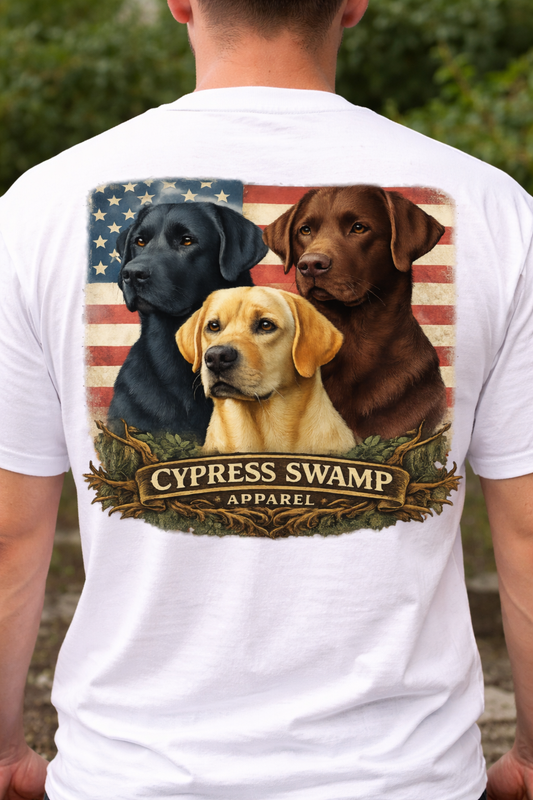 Cypress Swamp Red, White and Proud - Black Brown Golden Labs Retreiver Short Sleeve T-Shirt