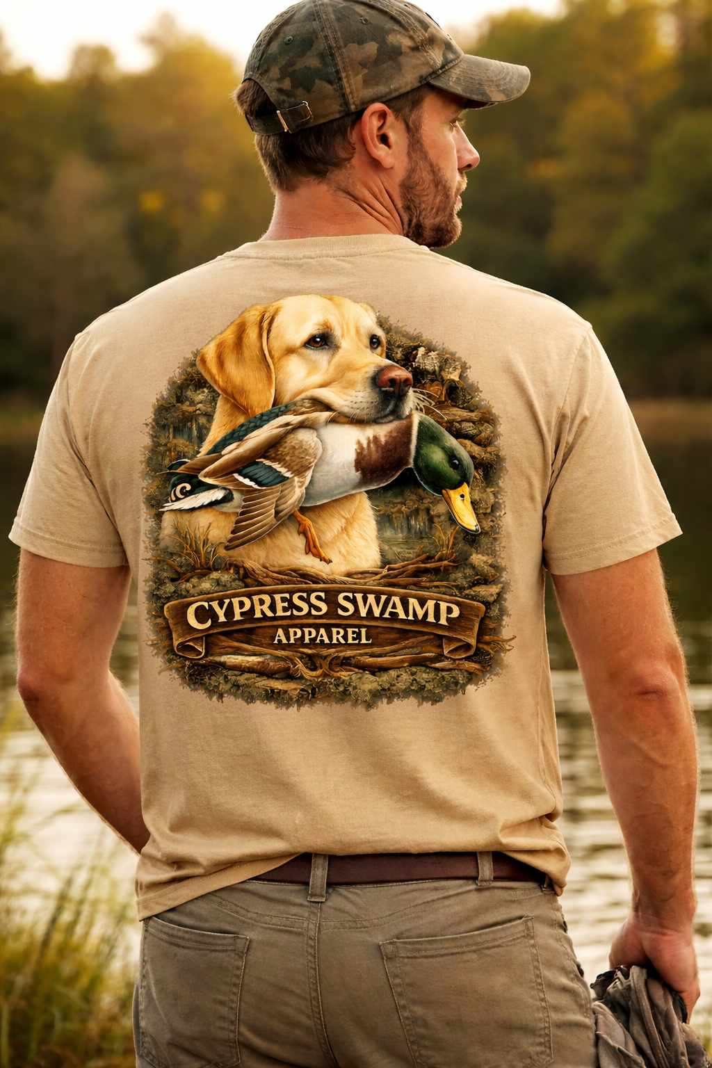 Yellow lab with duck